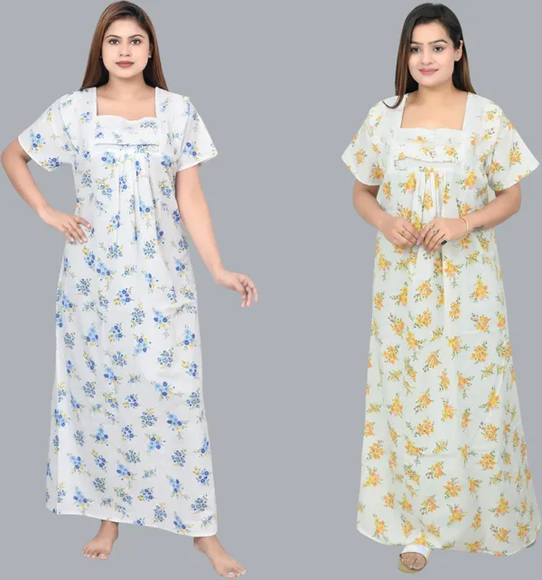 Pack_Of_2_-_Cotton_Printed::Floral_Square_Neck_Night_Wear_For_Women