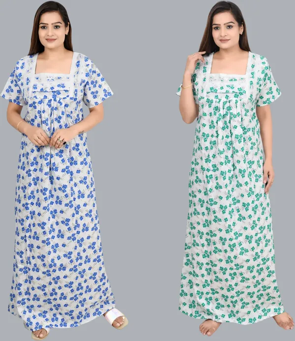 Pack_Of_2_-_Cotton_Printed::Floral_Square_Neck_Night_Wear_For_Women
