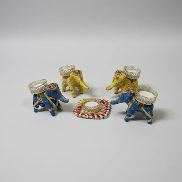 Set_of_4_Elephant_+_1_Square_Ring_Candle_Holder_|_Diya_Holder_with_Candles