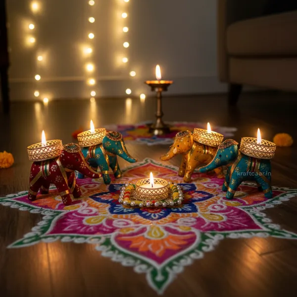 Set_of_4_Elephant_+_1_Square_Ring_Candle_Holder_|_Diya_Holder_with_Candles