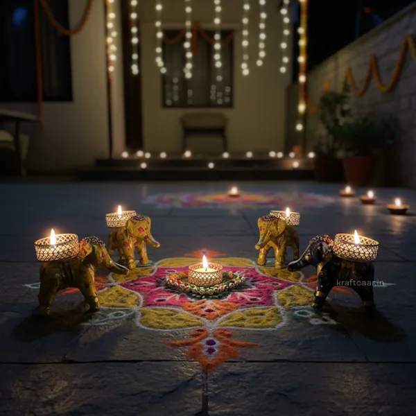 Set_of_4_Elephant_+_1_Square_Ring_Candle_Holder_|_Diya_Holder_with_Candles