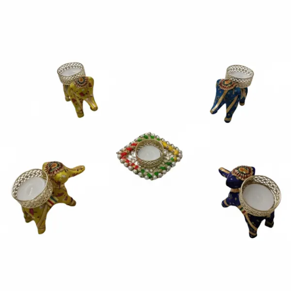 Set_of_4_Elephant_+_1_Square_Ring_Candle_Holder_|_Diya_Holder_with_Candles