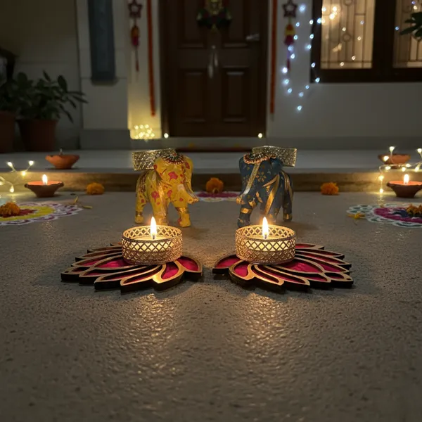 Set_of_2_Elephant_+_2_Lotus_Candle_Holder_|_Diya_Holder