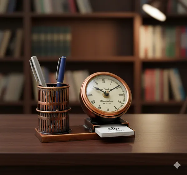 Multicolour_Premium_Quality_Metal_3_In_1_Showpiece_,_Table_Clock_|_Pen_Stand_|_Card_Holder