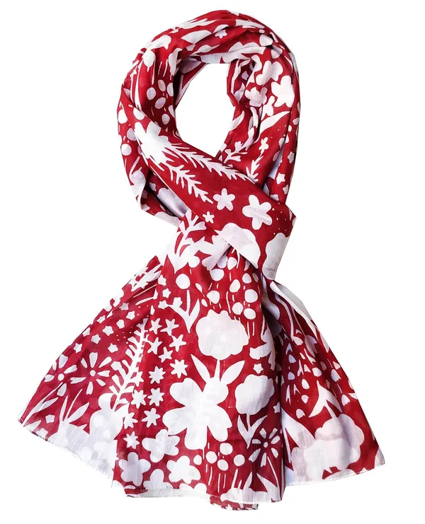 Jungle_Leaves_Red_&_White_Cotton_Women's_Scarf_(70x180_cm)