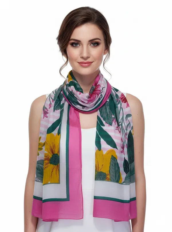 Women’s__Cotton_Big_Floral_Pink_Border_Scarf/Stole_|_Elegant_Pink_White_Multi-Color_|_Size_110_x_180_cm