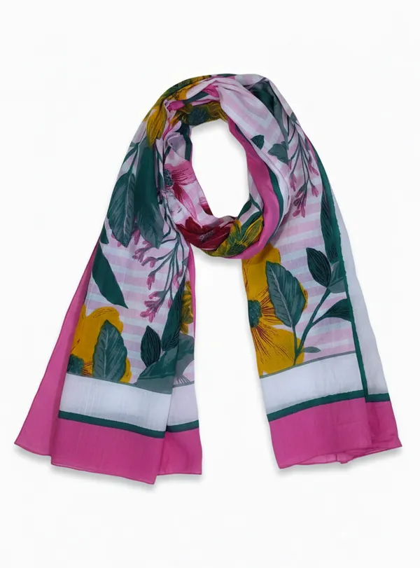 Women’s__Cotton_Big_Floral_Pink_Border_Scarf/Stole_|_Elegant_Pink_White_Multi-Color_|_Size_110_x_180_cm