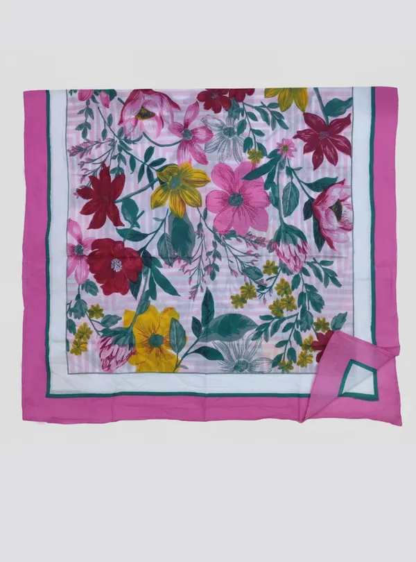 Women’s__Cotton_Big_Floral_Pink_Border_Scarf/Stole_|_Elegant_Pink_White_Multi-Color_|_Size_110_x_180_cm