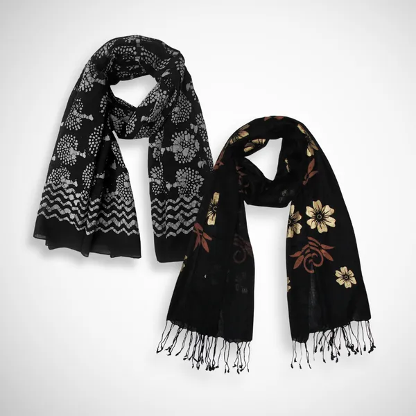 Pack_of_2:_Golden_Print_&_Off-White_Print_on_Black_Cotton_Blend_Women's_Scarf_(100x180_cm)
