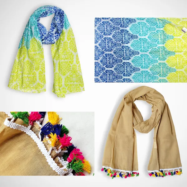 Pack_of_2:_Sand_Gold_&_Blue_Yellow_Cotton_Blend_Women's_Scarves_(100x180_cm)