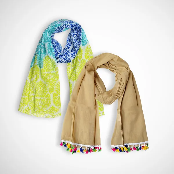 Pack_of_2:_Sand_Gold_&_Blue_Yellow_Cotton_Blend_Women's_Scarves_(100x180_cm)