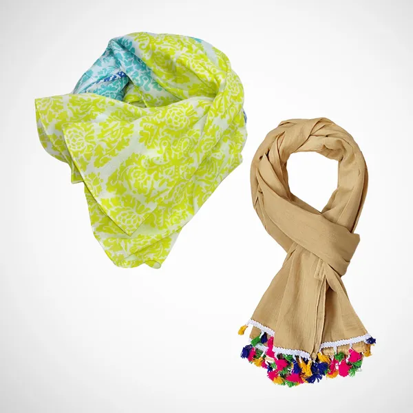 Pack_of_2:_Sand_Gold_&_Blue_Yellow_Cotton_Blend_Women's_Scarves_(100x180_cm)