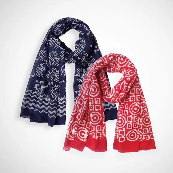 Pack_of_2:_Blue_&_Red_Hand_Batik_Print_Cotton_Blend_Women's_Stole_(100x180_cm)