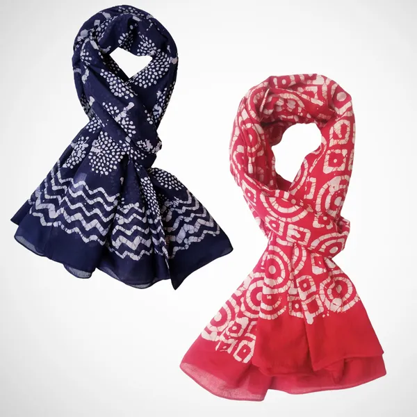Pack_of_2:_Blue_&_Red_Hand_Batik_Print_Cotton_Blend_Women's_Stole_(100x180_cm)