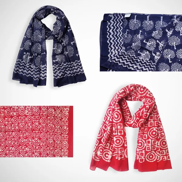 Pack_of_2:_Blue_&_Red_Hand_Batik_Print_Cotton_Blend_Women's_Stole_(100x180_cm)