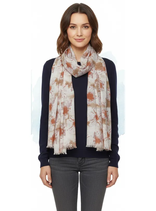 White_&_Brown_Abstract_Floral_Splash_Lightweight_Women's_Scarf_(70x180_cm)