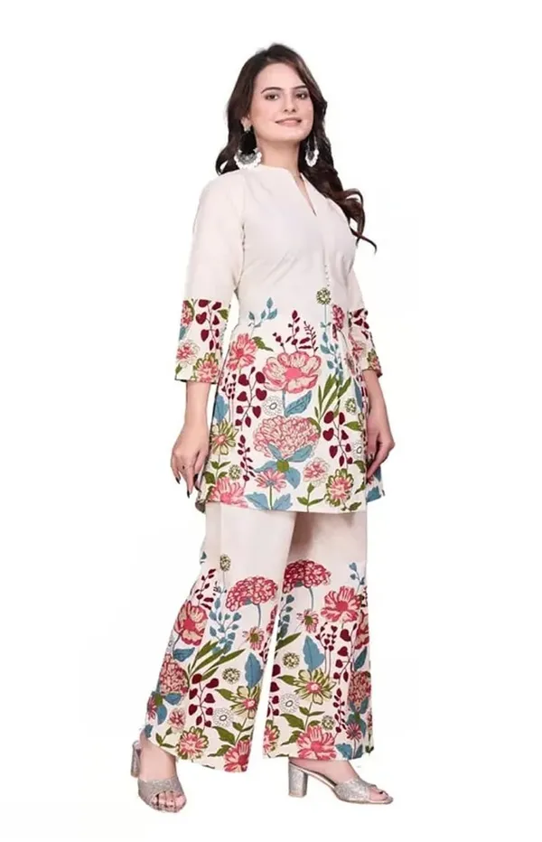 White_Floral_Printed_Khadi_Cotton_Co-Ord_Set,_Mandarin_Collar_Kurta_With_Palazzo_Pants_For_Women