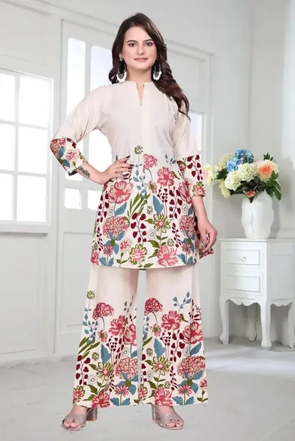 White_Floral_Printed_Khadi_Cotton_Co-Ord_Set,_Mandarin_Collar_Kurta_With_Palazzo_Pants_For_Women