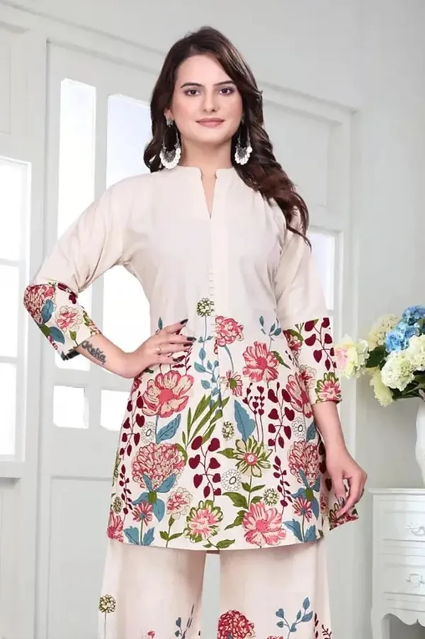 White_Floral_Printed_Khadi_Cotton_Co-Ord_Set,_Mandarin_Collar_Kurta_With_Palazzo_Pants_For_Women