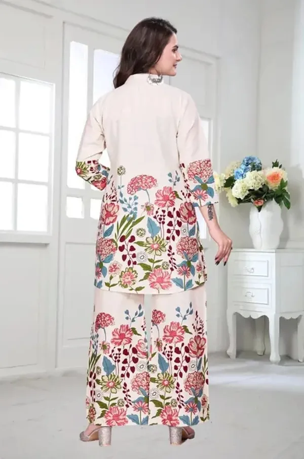 White_Floral_Printed_Khadi_Cotton_Co-Ord_Set,_Mandarin_Collar_Kurta_With_Palazzo_Pants_For_Women