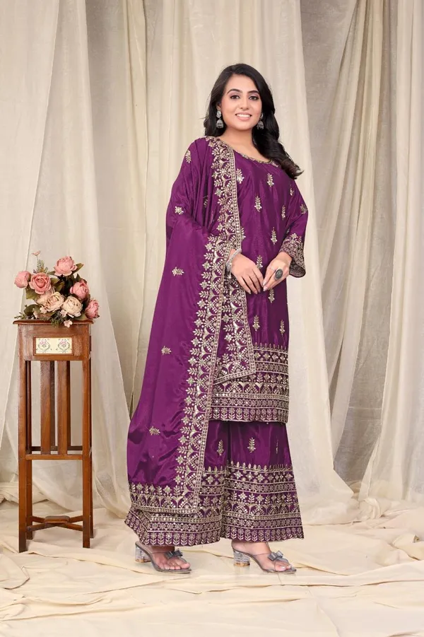 Wine_Ready_Made_Pure_Chinnon_Silk_Heavy_Sequence_Top_Bottom_With_Work_Sharara_Suit_For_Women