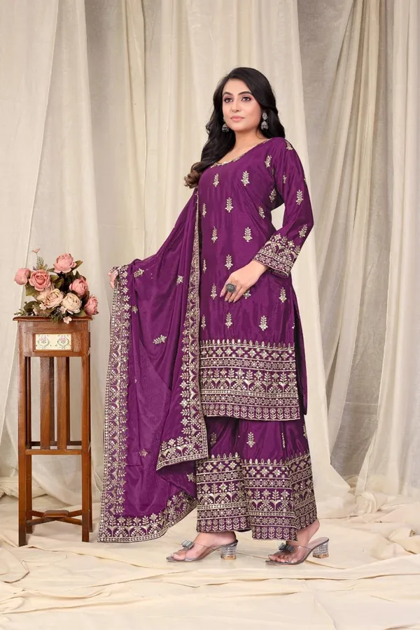 Wine_Ready_Made_Pure_Chinnon_Silk_Heavy_Sequence_Top_Bottom_With_Work_Sharara_Suit_For_Women