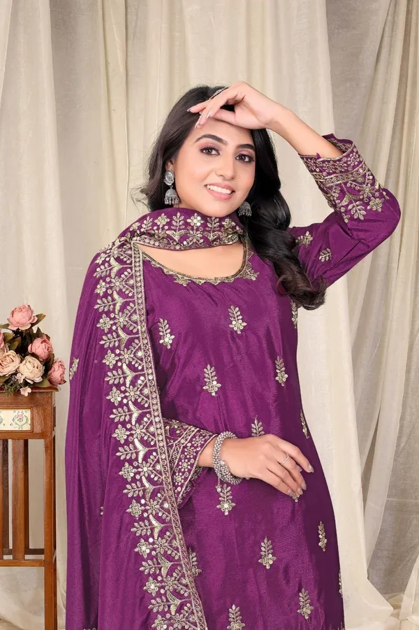 Wine_Ready_Made_Pure_Chinnon_Silk_Heavy_Sequence_Top_Bottom_With_Work_Sharara_Suit_For_Women