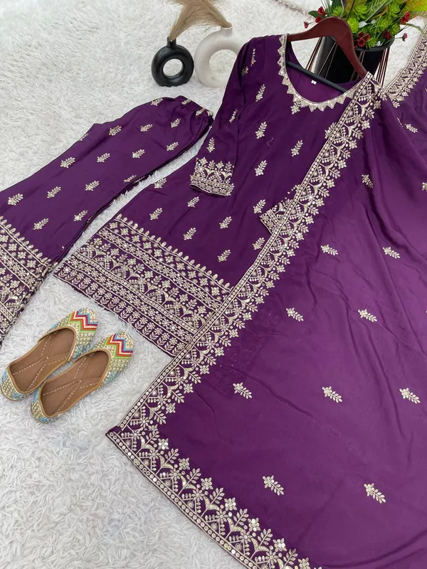Wine_Ready_Made_Pure_Chinnon_Silk_Heavy_Sequence_Top_Bottom_With_Work_Sharara_Suit_For_Women