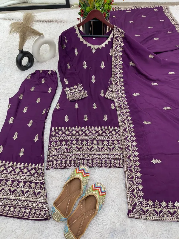 Wine_Ready_Made_Pure_Chinnon_Silk_Heavy_Sequence_Top_Bottom_With_Work_Sharara_Suit_For_Women