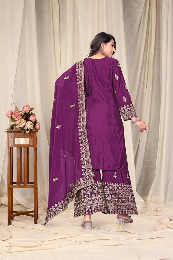 Wine_Ready_Made_Pure_Chinnon_Silk_Heavy_Sequence_Top_Bottom_With_Work_Sharara_Suit_For_Women