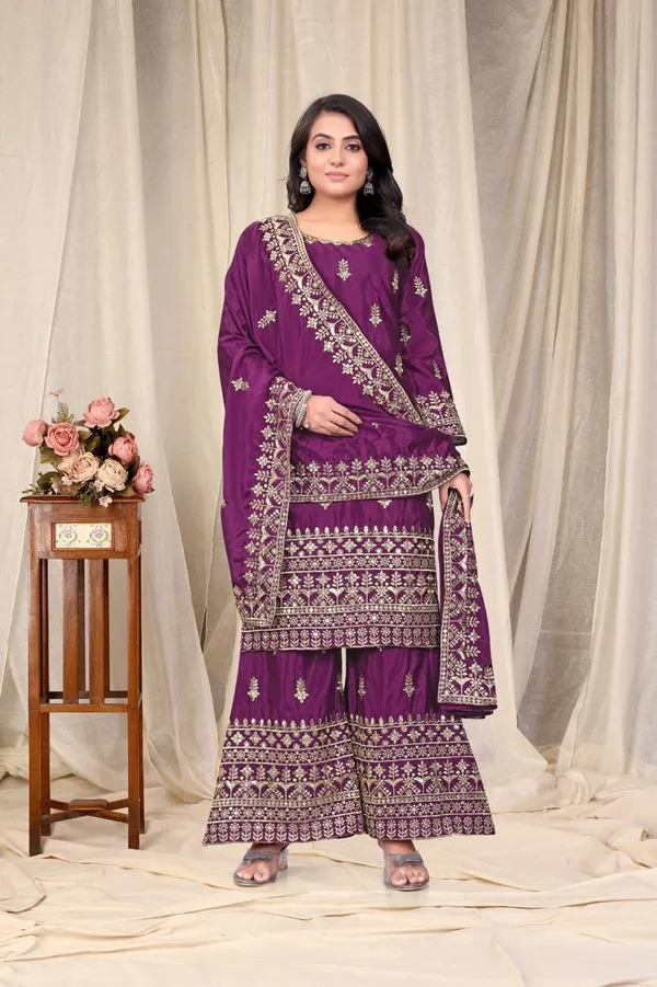 Wine_Ready_Made_Pure_Chinnon_Silk_Heavy_Sequence_Top_Bottom_With_Work_Sharara_Suit_For_Women