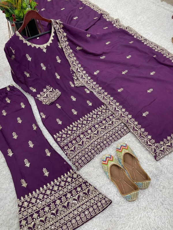 Wine_Ready_Made_Pure_Chinnon_Silk_Heavy_Sequence_Top_Bottom_With_Work_Sharara_Suit_For_Women