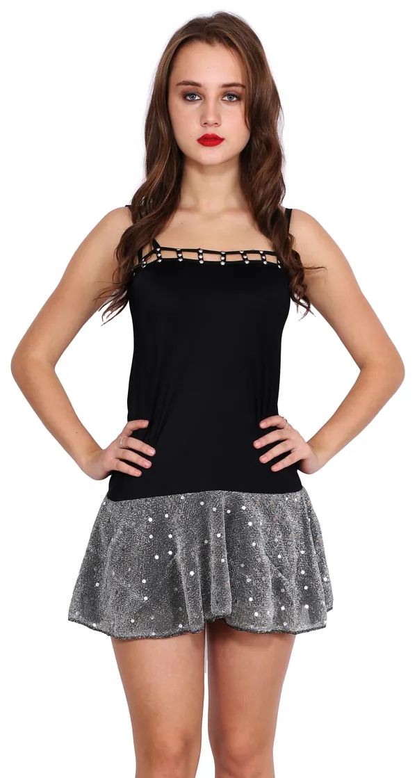 Black_&_Grey_Blended_Embellished_Sleeveless_Fit_&_Flare_Short_Dress_For_Women