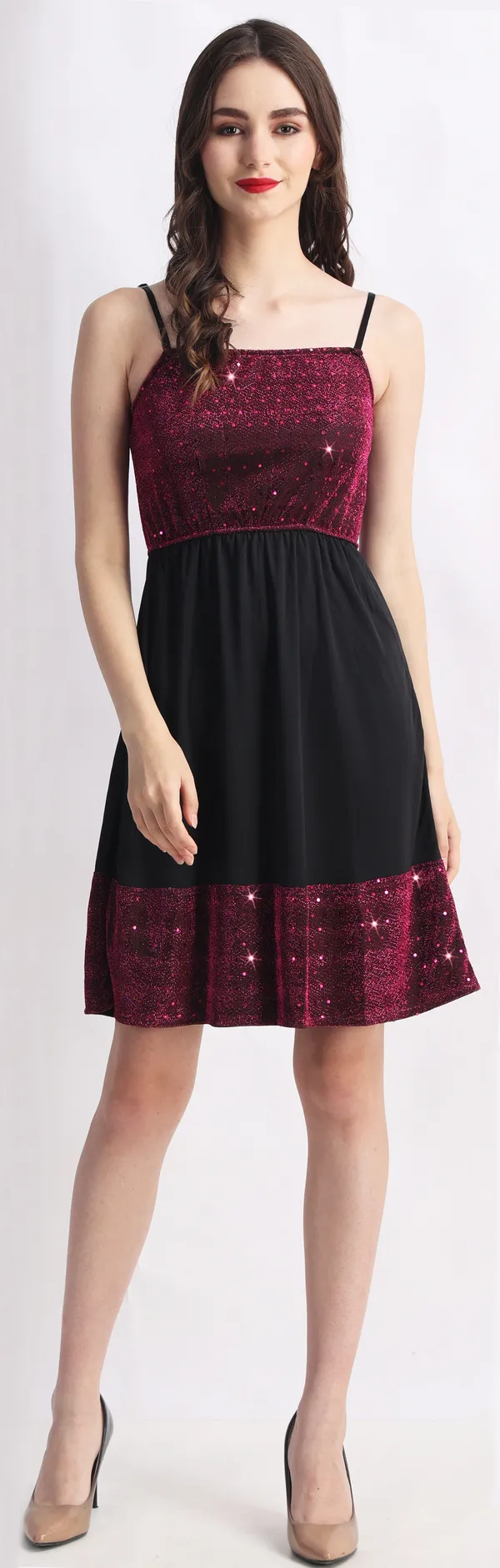 Black_&_Maroon_Poly_Lurex_Embellished_Sleeveless_Fit_&_Flare_Above_Knee_Dress_For_Women
