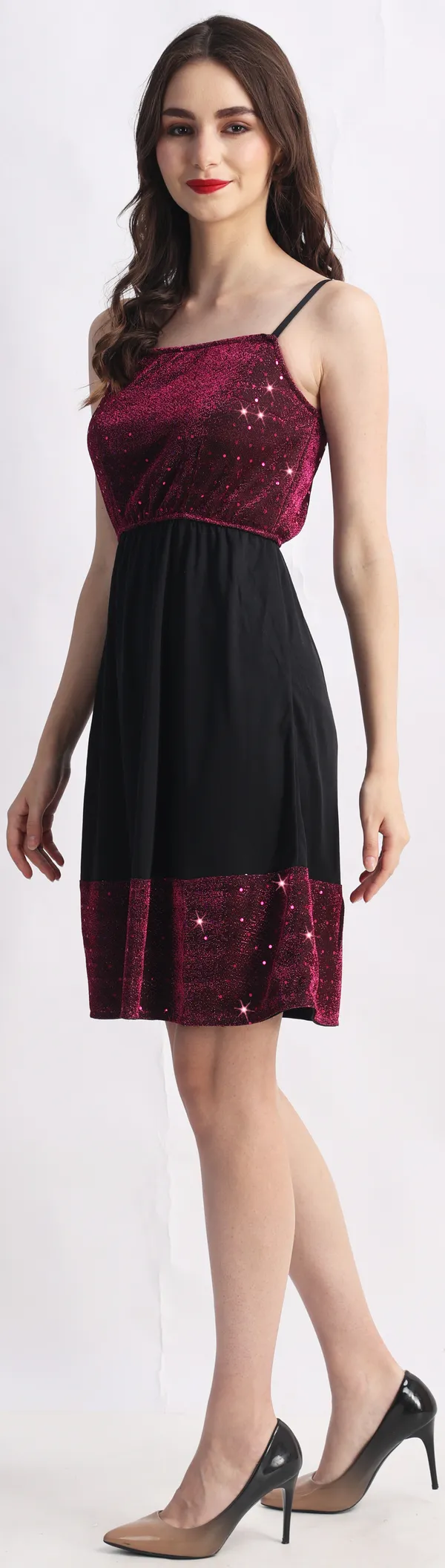 Black_&_Maroon_Poly_Lurex_Embellished_Sleeveless_Fit_&_Flare_Above_Knee_Dress_For_Women