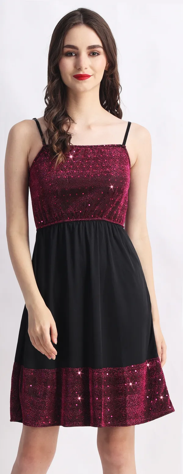 Black_&_Maroon_Poly_Lurex_Embellished_Sleeveless_Fit_&_Flare_Above_Knee_Dress_For_Women