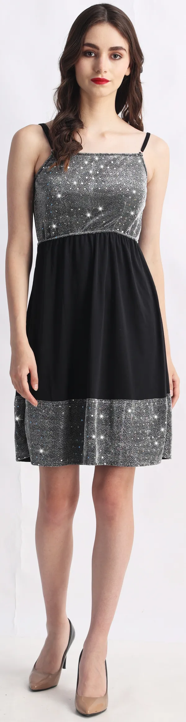 Black_&_Grey_Poly_Lurex_Embellished_Sleeveless_Fit_&_Flare_Above_Knee_Dress_For_Women