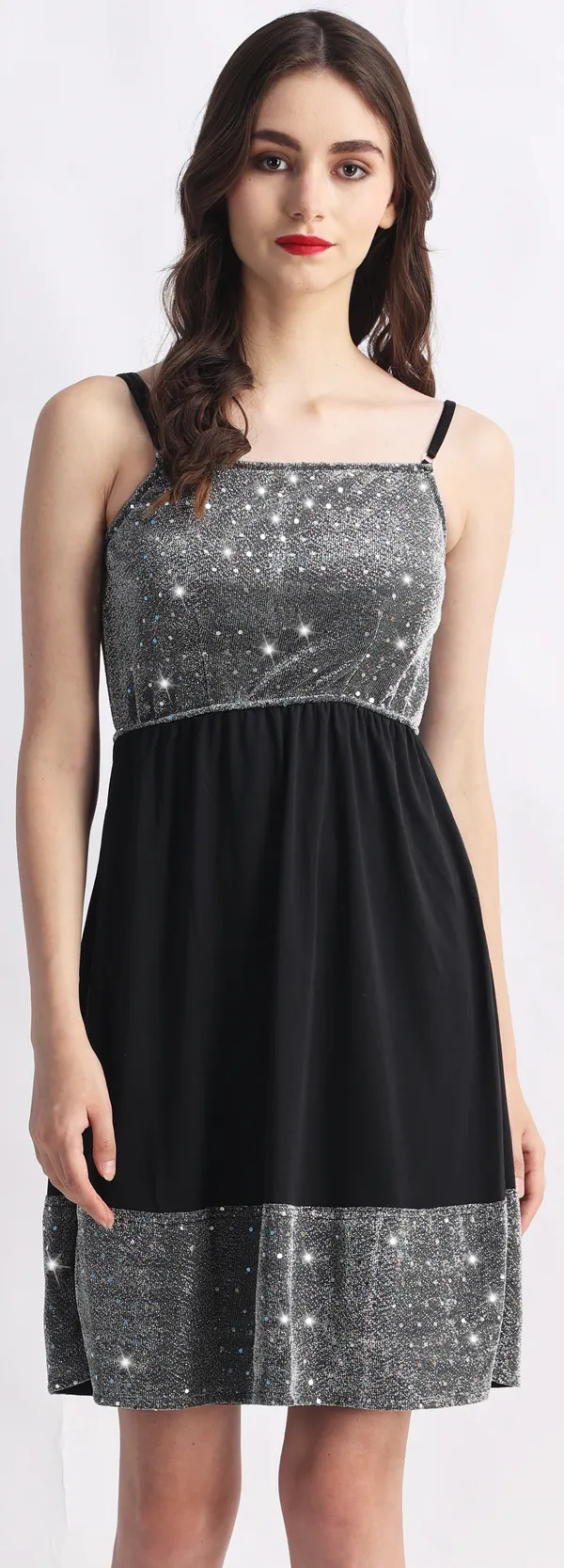 Black_&_Grey_Poly_Lurex_Embellished_Sleeveless_Fit_&_Flare_Above_Knee_Dress_For_Women