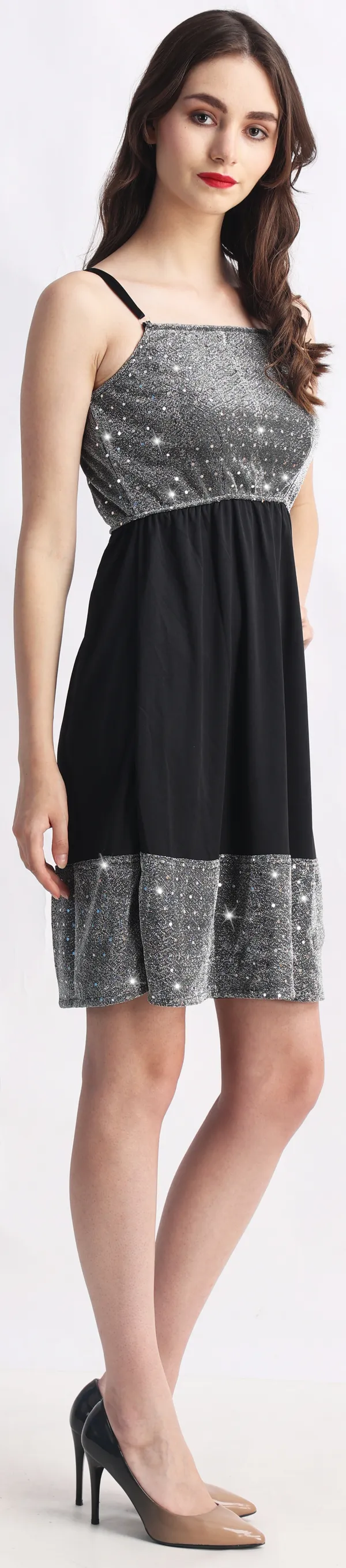 Black_&_Grey_Poly_Lurex_Embellished_Sleeveless_Fit_&_Flare_Above_Knee_Dress_For_Women
