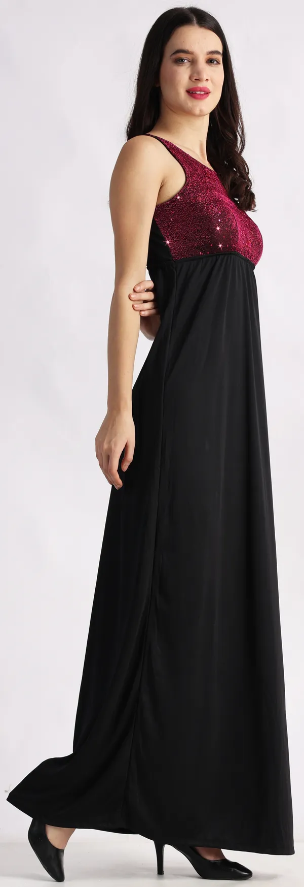 Black_&_Maroon_Poly_Lurex_Embellished_Sleeveless_Maxi_Maxi/Full_Length_Dress_For_Women