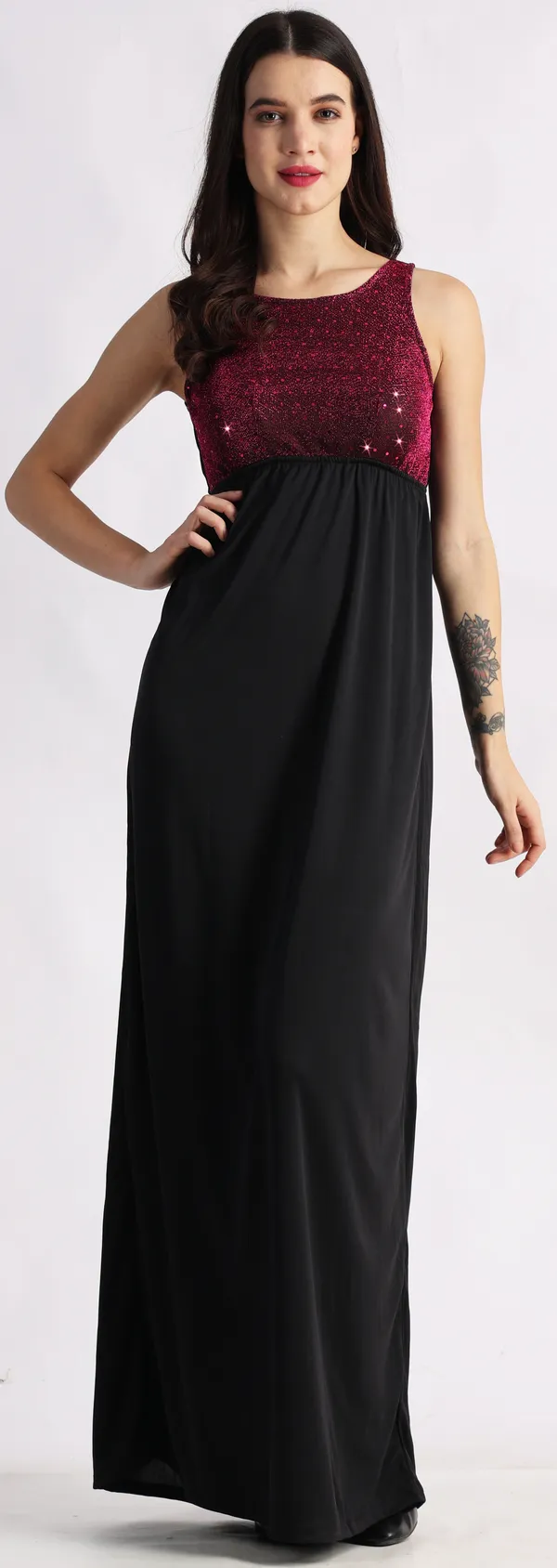 Black_&_Maroon_Poly_Lurex_Embellished_Sleeveless_Maxi_Maxi/Full_Length_Dress_For_Women