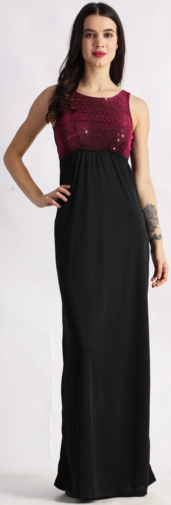 Black_&_Maroon_Poly_Lurex_Embellished_Sleeveless_Maxi_Maxi/Full_Length_Dress_For_Women