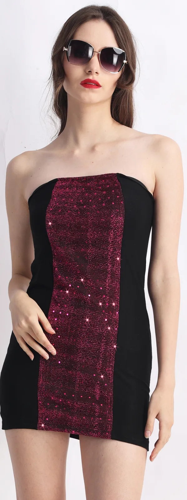 Black_&_Maroon_Poly_Lurex_Embellished_Sleeveless_Bodycon_Mini_Dress_For_Women