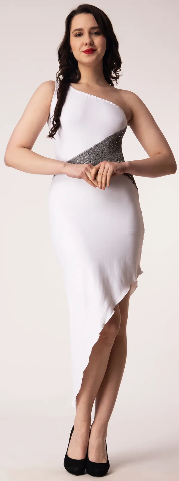 White_Poly_Lurex_Embellished_Sleeveless_Bodycon_High_Low_Dress_For_Women