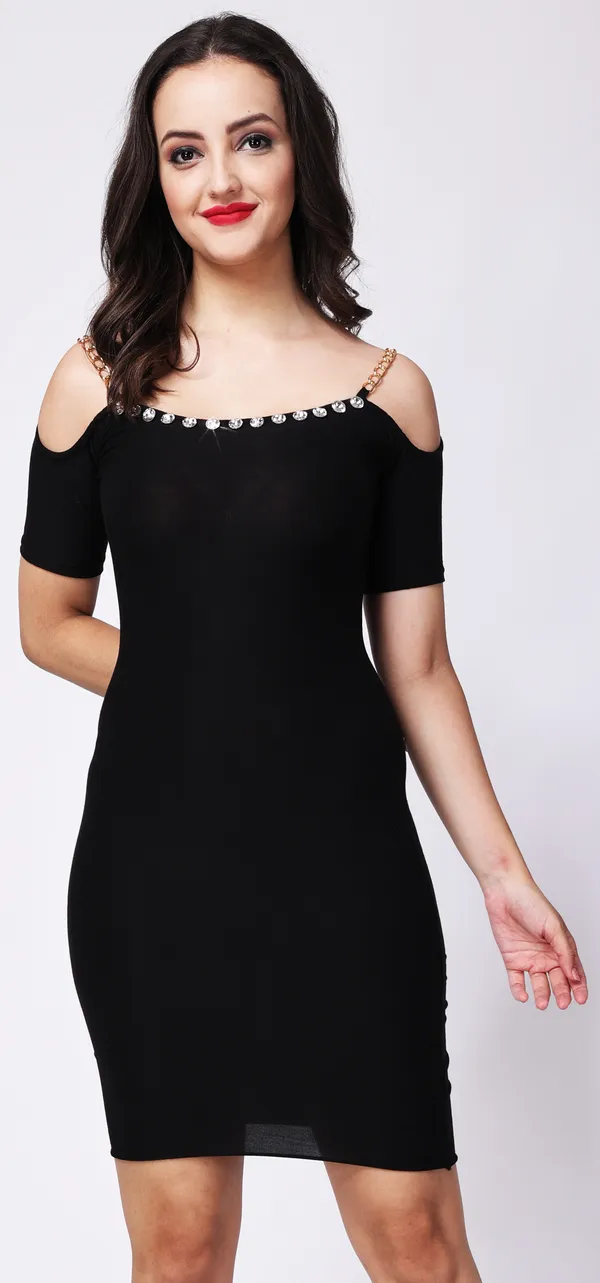 Black_Viscose_Embellished_Sleeved_Bodycon_Short_Dress_For_Women