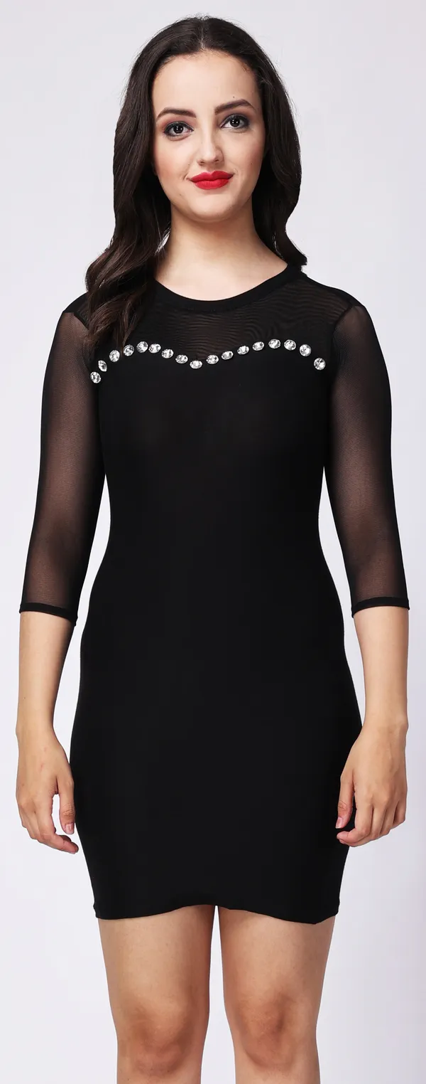 Black_Viscose_Embellished_Sleeved_Bodycon_Short_Dress_For_Women