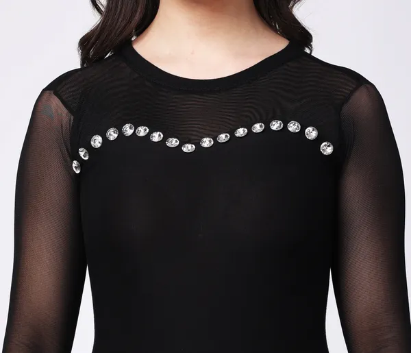 Black_Viscose_Embellished_Sleeved_Bodycon_Short_Dress_For_Women