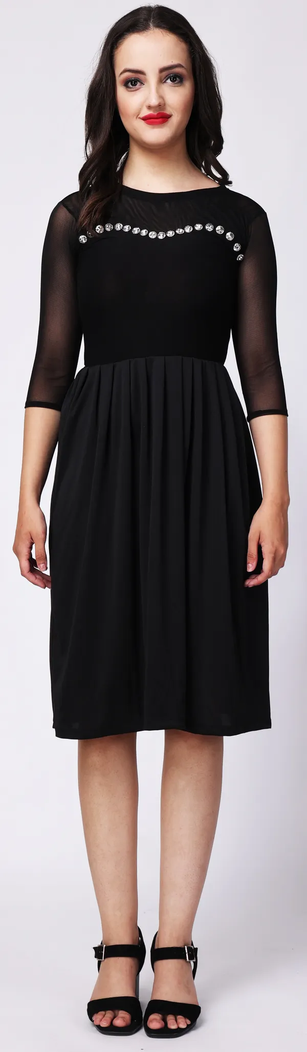 Black_Viscose_Embellished_Sleeved_Skater_Knee_Length_Dress_For_Women