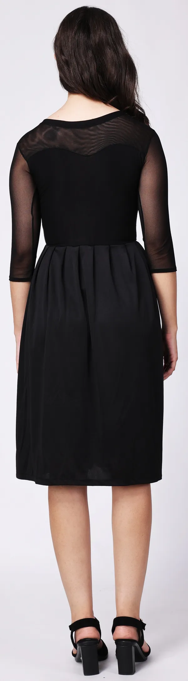 Black_Viscose_Embellished_Sleeved_Skater_Knee_Length_Dress_For_Women