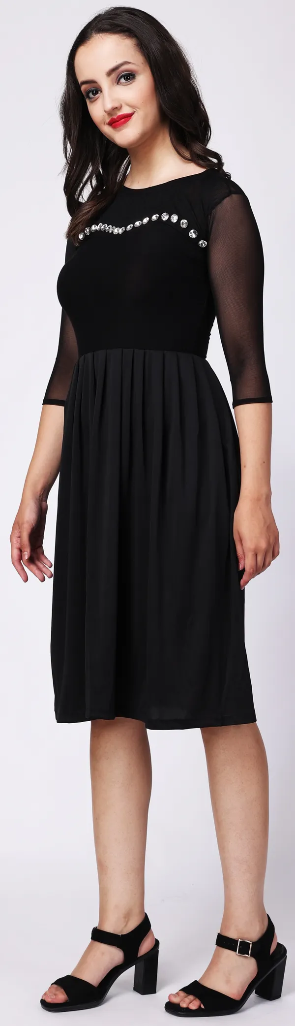 Black_Viscose_Embellished_Sleeved_Skater_Knee_Length_Dress_For_Women